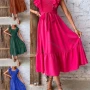 Wholesale Women's Casual Plain Square Neck Shirred Ruffle Trim Midi Dress With Belt preview