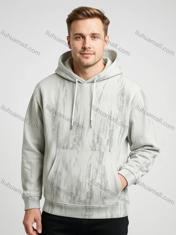 Wholesale White Long Sleeve Hoodie w/ Gray Abstract Line Art, Drawstring Hood & Left Chest Logo. Minimalist Streetwear