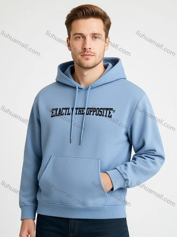 Wholesale Light Blue Hoodie w/ 'EXACTLY THE OPPOSITE' Quote, Drawstring & Front Pocket. Minimalist Streetwear