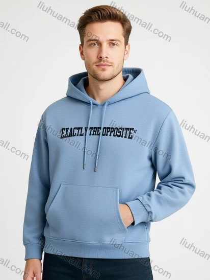 Wholesale Light Blue Hoodie w/ 'EXACTLY THE OPPOSITE' Quote, Drawstring & Front Pocket. Minimalist Streetwear
