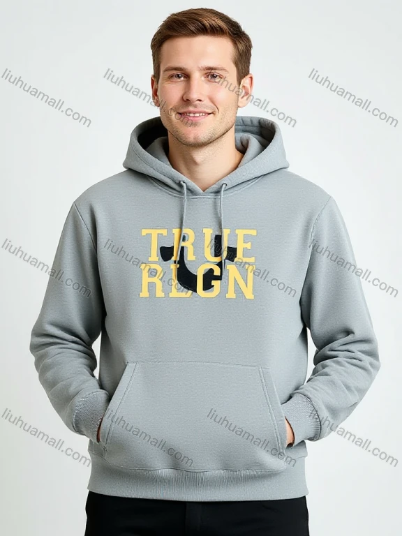 Wholesale Grey Hoodie - 'TRUE RLGN' Text, Drawstring, Pocket, Relaxed Fit. Minimalist!
