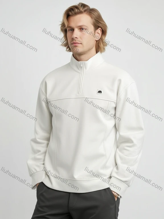 Wholesale white half - zip sweatshirt. Features chest logo, ribbed cuffs & hem. Soft fabric. Ideal for casual wear. Bulk