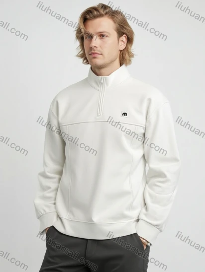 Wholesale white half - zip sweatshirt. Features chest logo, ribbed cuffs & hem. Soft fabric. Ideal for casual wear. Bulk