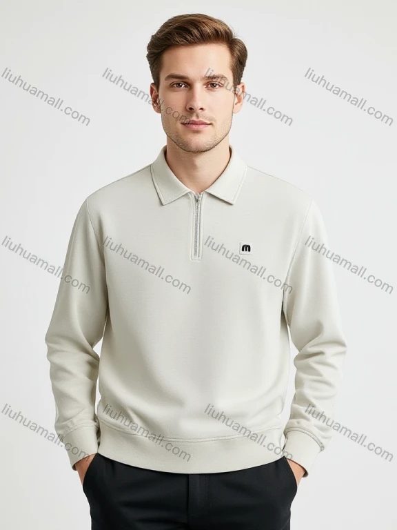 Wholesale BeigeHalf-Zip Sweatshirt, Chest Logo, Ribbed Cuffs, Soft Fabric, Casual Wear, Bulk Discounts