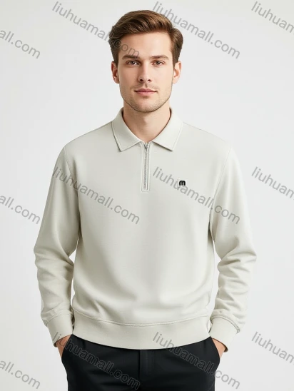 Wholesale BeigeHalf-Zip Sweatshirt, Chest Logo, Ribbed Cuffs, Soft Fabric, Casual Wear, Bulk Discounts