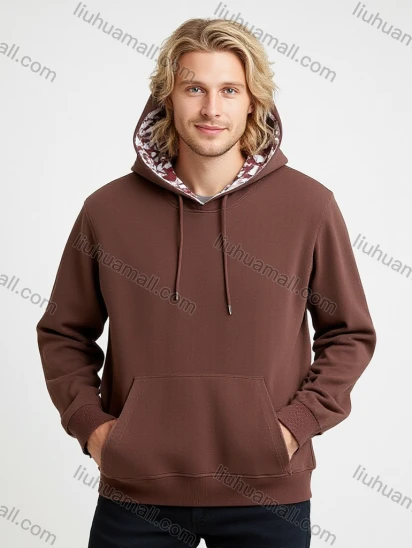 Wholesale Brown Long Sleeve Hoodie w/ Drawstring, Front Pocket & Internal Print. Minimalist UrbanTech