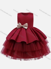 Wholesale Girls Lovely Sleeveless Lace Bow Knot Tiered Dress, LIUHUA CLOTHING WHOLESALE