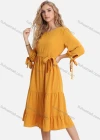 Wholesale Women's Casual 3/4 Sleeve Lace Up Ruched Ruffle Hem Midi Dress With Belt FL8062# - Liuhuamall