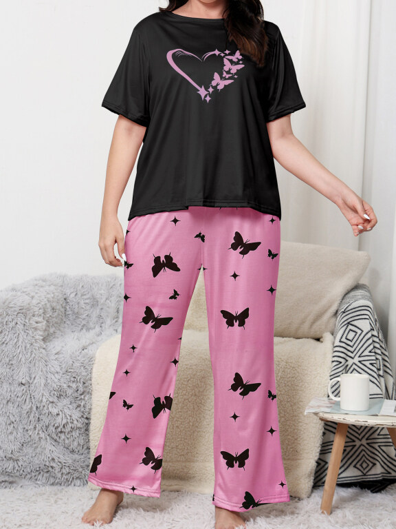 Women's Lounge Milk Silk Heart Butterfly Print Short Sleeve T-shirt & Pant Soft Pajamas Sets DM02302-09#, Clothing Wholesale Market -LIUHUA, Women, Women-s-Top