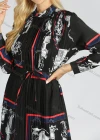 Wholesale Women's Casual Long Sleeve Stand Collar Allover Print Pleated A Line Dress - Liuhuamall