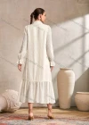 Wholesale Womem's Casual Plain Swiss Dot Poet Sleeve Button Down Ruffle Hem Midi Dress - Liuhuamall