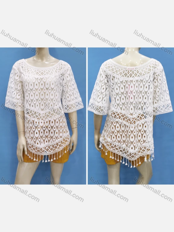 Wholesale Women's Boho Short Sleeve Eyelet Embroidered Hollow Out Flower Trim Cover Up