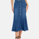 Women's High Waist Button Front Wash Denim Mermaid Midi Skirt Medium Blue Clothing Wholesale Market -LIUHUA