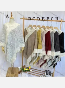 Wholesale Women's Fashion Causal V Neck Mesh Splicing Color Tassel Cape, LIUHUA CLOTHING WHOLESALE