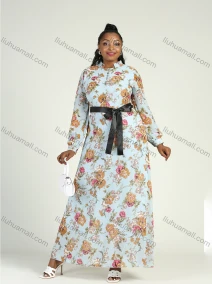Wholesale Women's Notched Neck Long Sleeve Floral Print Chiffon Maxi Dress With Belt, LIUHUA CLOTHING WHOLESALE