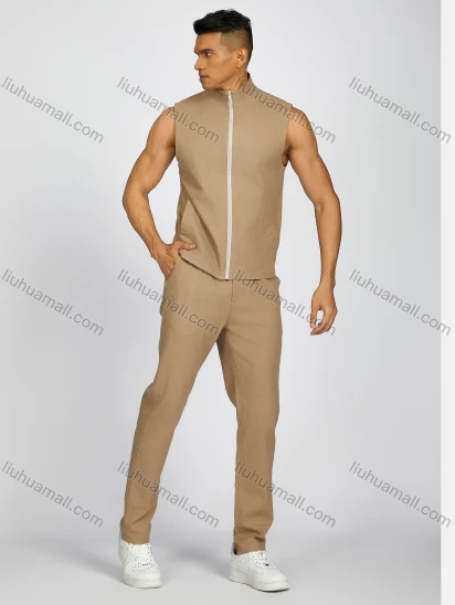 Wholesale Men's Casual Plain Mock Neck Zip Up Patch Pocket Tank Top & Drawstring Pants 2-Piece Set AXM-001#