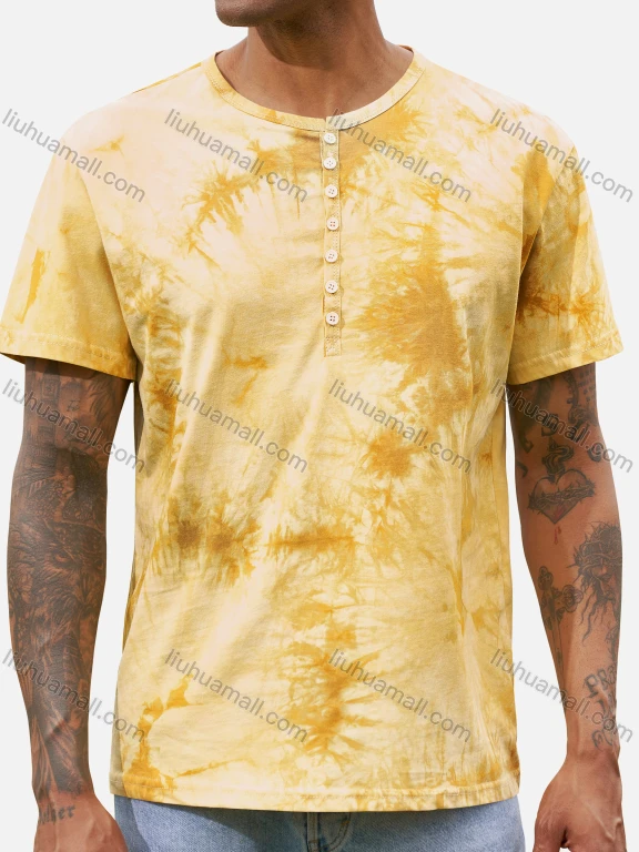Wholesale Men's 100%Cotton Round Neck Tie Dye Short Sleeve Button Front Henry Shirt D3BT49#