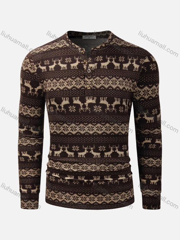 Wholesale Men's Casual Allover Print Round Neck Long Sleeve Button Front Henry Shirt D8CT09#