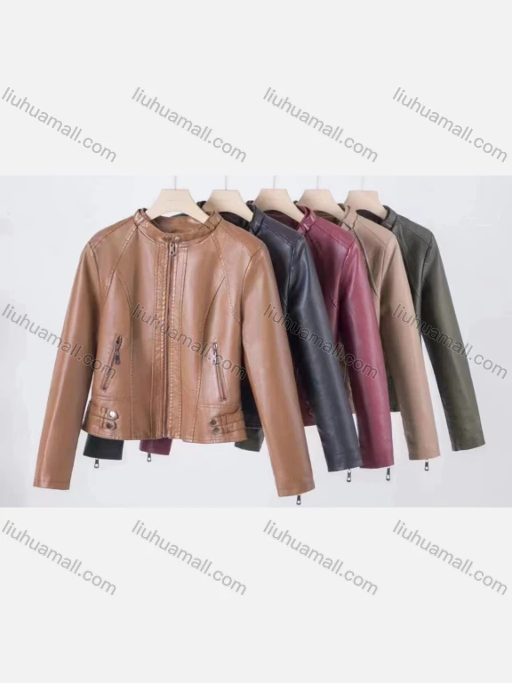 Wholesale Women's Stand Collar Pockets Zipper Leather Jacket 8815#