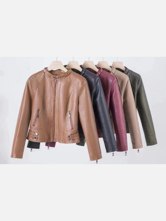 Women's Stand Collar Pockets Zipper Leather Jacket 8815#, Clothing Wholesale Market -LIUHUA, leather%20jackets