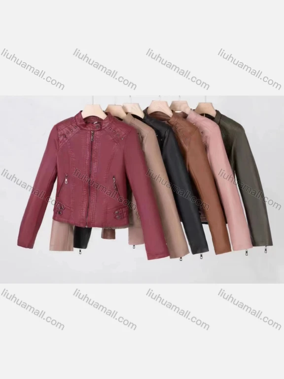 Wholesale Women's Casual Pockets Zipper Crop Leather Jacket 8862#