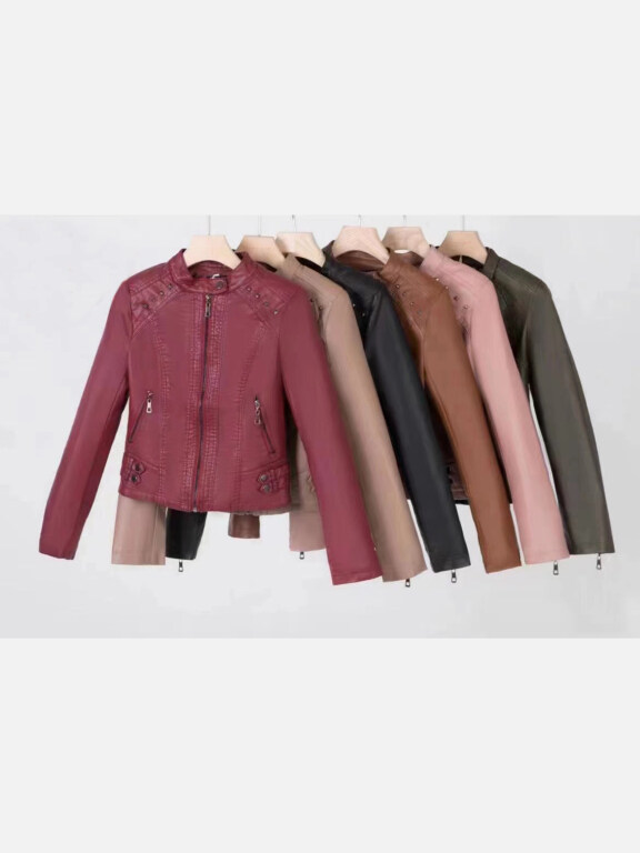 Women's Casual Pockets Zipper Crop Leather Jacket 8862#, Clothing Wholesale Market -LIUHUA, leather%20jackets