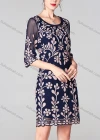 Wholesale Women's Elegant High Waist Crew Neck Half Sleeve Floral Embroidery Knee Length Dress - Liuhuamall