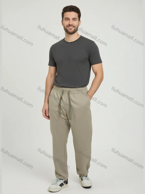 Wholesale Men's Khaki Elastic Waist Trousers – Drawstring Adjustable Fit, Side Pockets Casual Loose Bulk Order