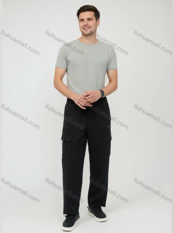 Wholesale Men's Black Elastic Waist Trousers – Side Pockets, Zipper Closure, Loose Fit Casual Daily Bulk Order