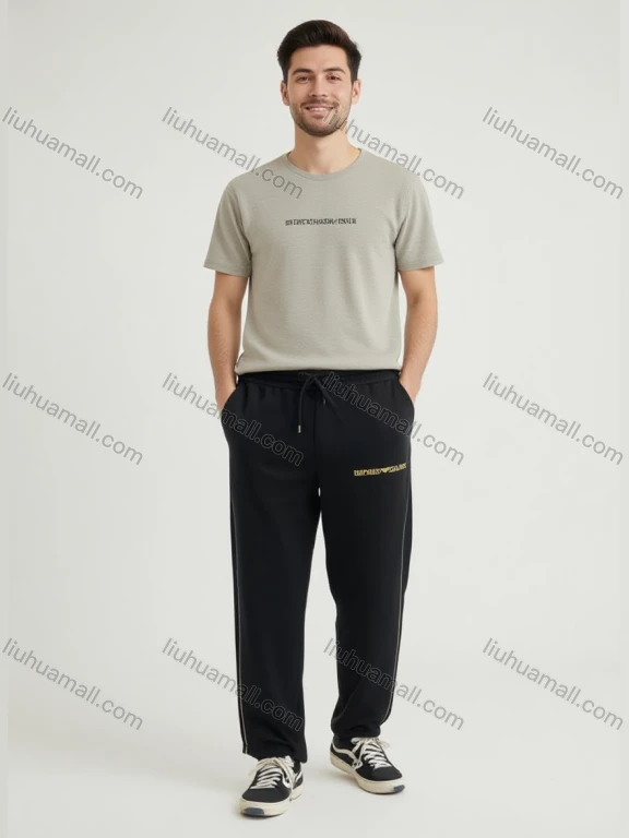 Wholesale Emporio Armani Men's Black Trousers – Gold Logo, White Stripes, Elastic Waist Loose Fit Bulk Order