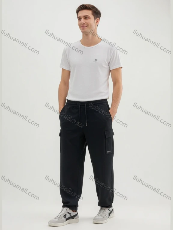 Wholesale Men's Black Casual Trousers – Multiple Pockets, Elastic Waistband Drawstring Loose Fit Bulk Order