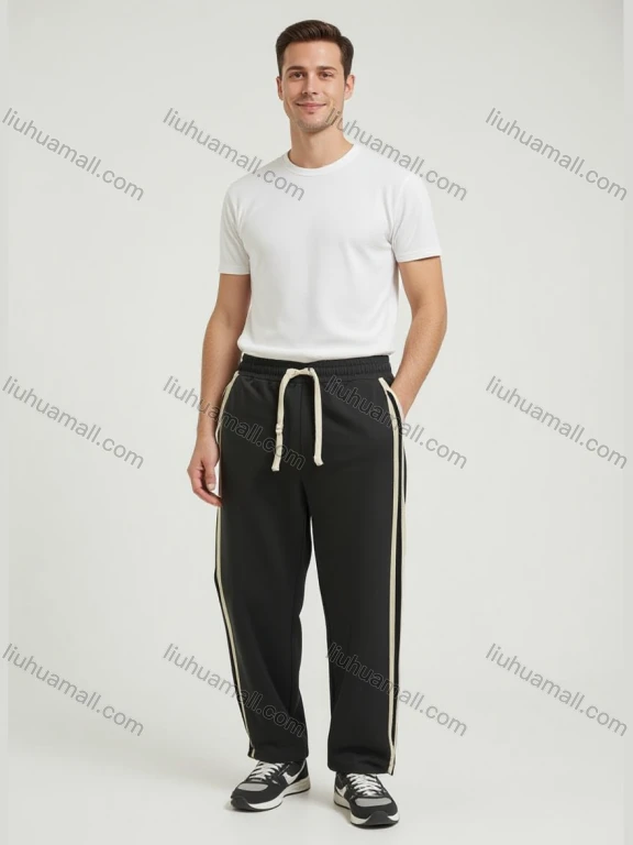 Wholesale Men's Dark Gray Athletic Trousers – Side Stripes, Elastic Waistband Drawstring Loose Fit Bulk Order