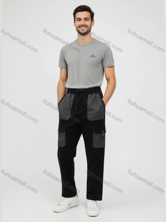 Wholesale Men's Black Casual Trousers – Elastic Waistband, Multiple Pockets, Gray Accents Loose Fit Bulk Order