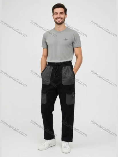 Wholesale Men's Black Casual Trousers – Elastic Waistband, Multiple Pockets, Gray Accents Loose Fit Bulk Order