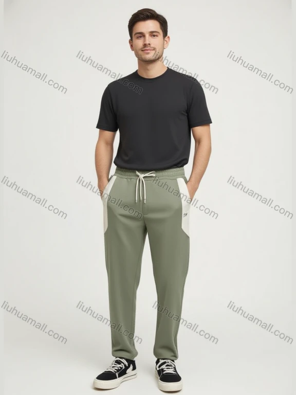 Wholesale Men's Light Olive Green Casual Trousers – White Stripes, Elastic Waistband, Cuffed Ankles Loose Fit Bulk Order