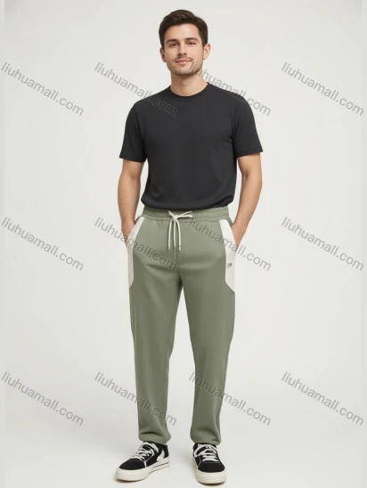 Wholesale Men's Light Olive Green Casual Trousers – White Stripes, Elastic Waistband, Cuffed Ankles Loose Fit Bulk Order