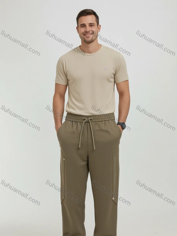 Wholesale Men's Dark Olive Green Casual Trousers – White Stripes, Elastic Waist w/ Drawstring, Cuffed Ankles Loose Fit B