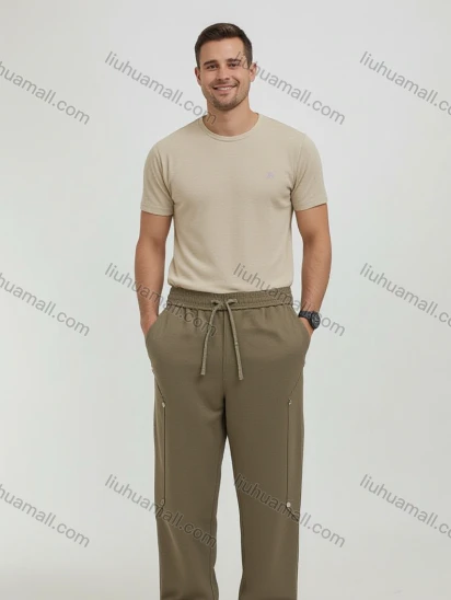 Wholesale Men's Dark Olive Green Casual Trousers – White Stripes, Elastic Waist w/ Drawstring, Cuffed Ankles Loose Fit B