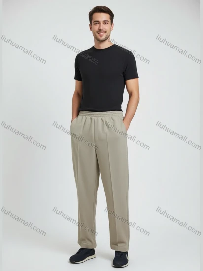 Wholesale Men's Light Gray Casual Trousers – White Stripes, Elastic Waist w/ Drawstring, Cuffed Ankles Loose Fit Bulk Or