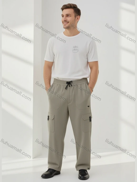 Wholesale Men's Khaki Casual Trousers – Elastic Waist w/ Drawstring, Multiple Pockets & Loose Fit Bulk Order