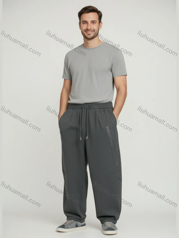 Wholesale Men's Dark Gray Loose Fit Trousers – Elastic Waist w/D, Slant Pockets/Bulk Order