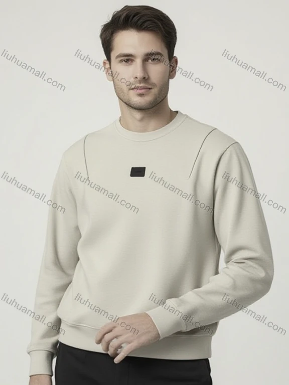 Wholesale Men's Beige Long - Sleeve Sweatshirt – Subtle Square Label, Casual Minimalist Bulk Order