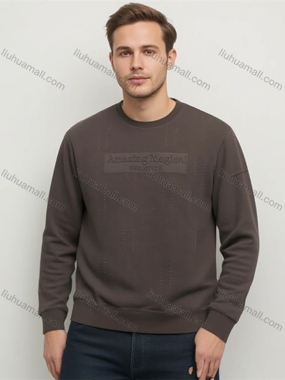 Wholesale Dark Brown Long Sleeve Crew Neck Sweatshirt "Amazing Magical THEYOUTH" Embossed Soft Casual Top