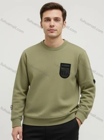 Wholesale Long Sleeve Crew Neck Sweatshirt - Army Green w/Stylish Patches, High Quality Fabric. Perfect for Bulk Orders, LIUHUA CLOTHING WHOLESALE