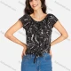 Wholesale Women's Casual Allover Print & Plain Bateau Neck Short Sleeve Buttons Down Tie Front Blouse Black Clothing Wholesale Market Liuhua