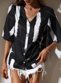 Wholesale Women's V Neck Half Sleeve Button Down Satin Blouse AY144#, LIUHUA CLOTHING WHOLESALE