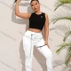 Wholesale Women's Casual Plain Chain Decro Drawstring Zip Sweatpants White Clothing Wholesale Market Liuhua