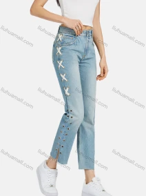 Wholesale Women's Fashion Plain Lace Up Metal Ring Side Wash Distressed Pocket Jeans 970720#, LIUHUA CLOTHING WHOLESALE
