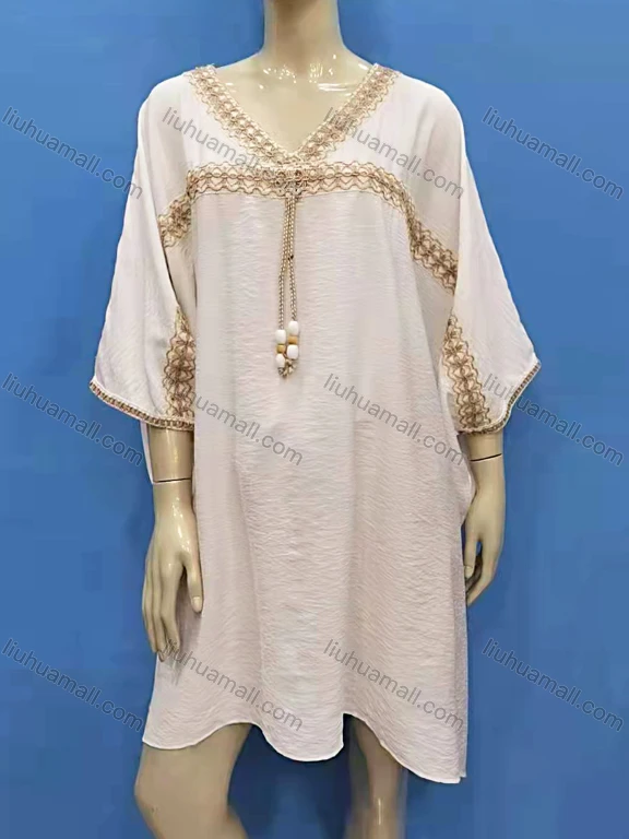 Wholesale Women's Vintage V Neck 3/4 Sleeve Embroidery Trim Short Dress