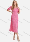 Wholesale Women's Casual Allover Print Ruched Ruffle Trim Button Decor V Neck Split Hem Midi Dress FL8070# - Liuhuamall